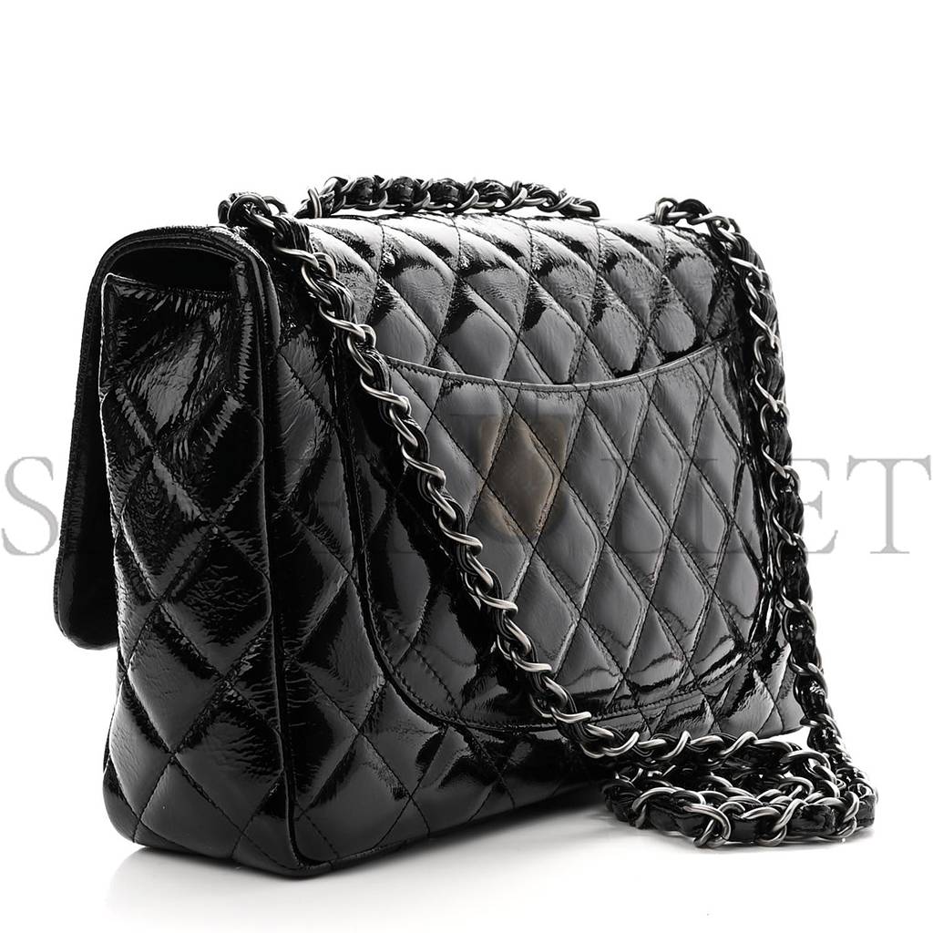 Ch*el crinkled patent quilted jumbo single flap black silver hardware (30*18*8cm)