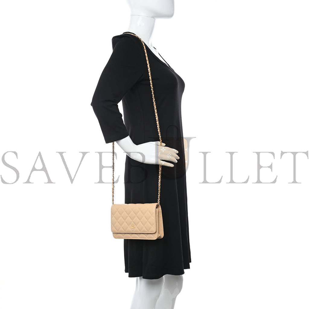 Ch*el caviar quilted wallet on chain woc beige rose gold hardware (20*13*3cm)