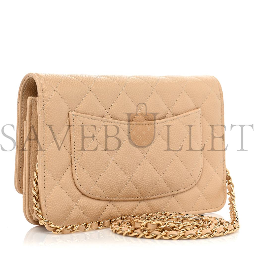 Ch*el caviar quilted wallet on chain woc beige rose gold hardware (20*13*3cm)