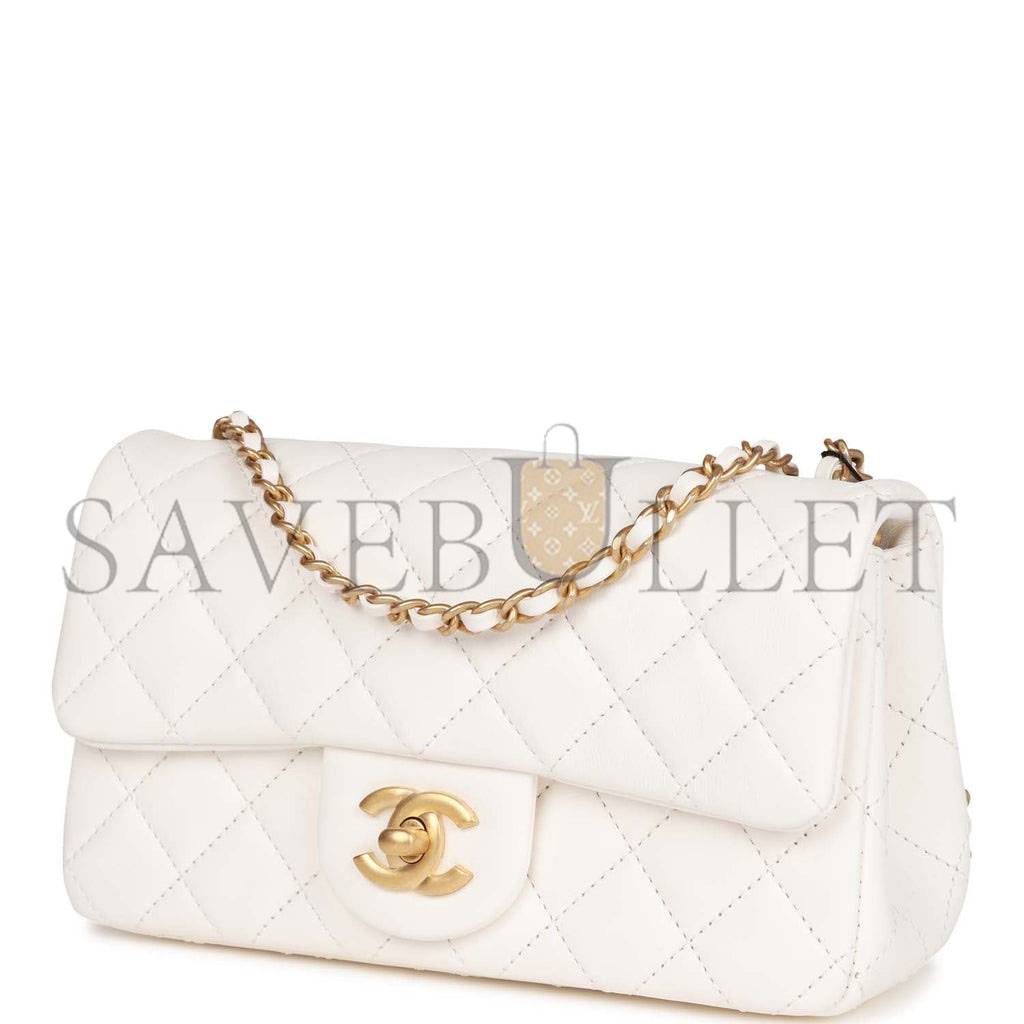 Ch*el pearl crush mini rectangular flap bag white lambskin antique gold hardware (20*13*6cm)