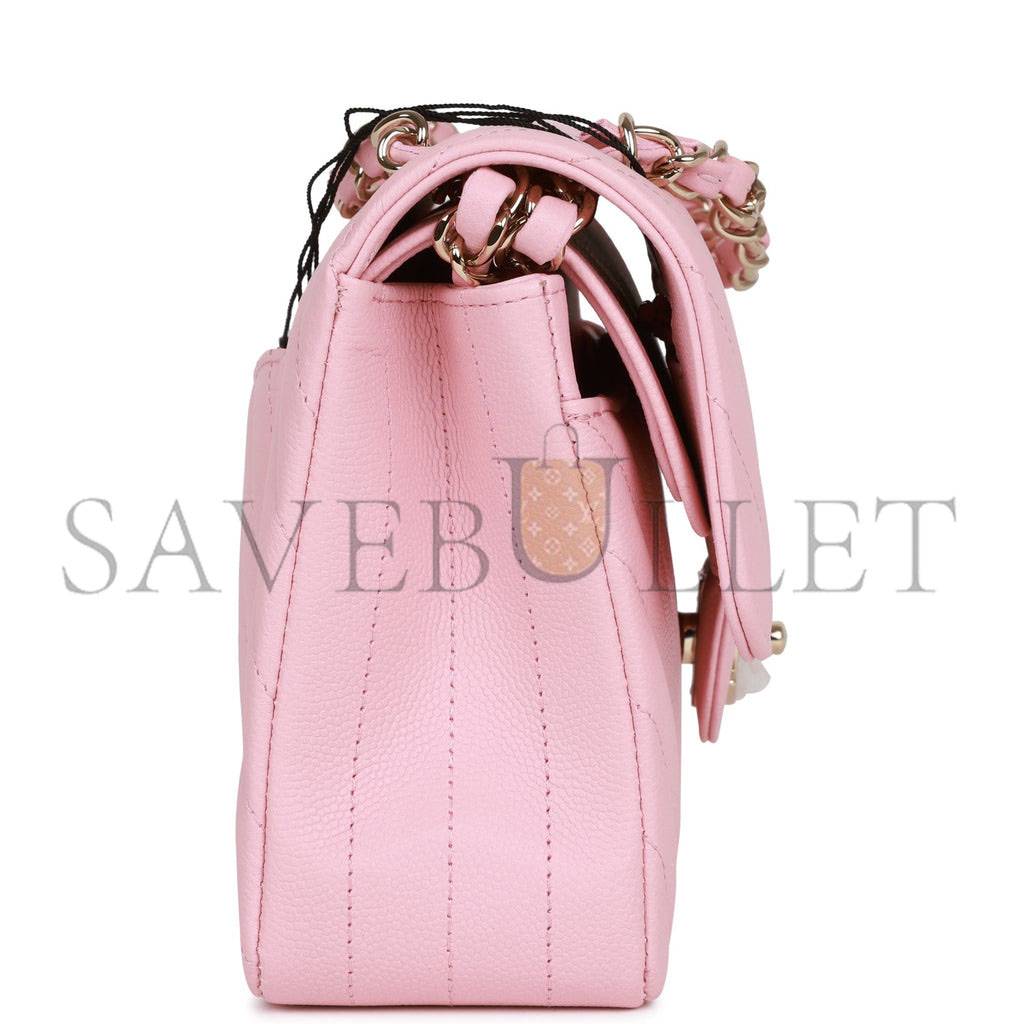 Ch*el small chevron classic double flap pink calfskin light gold hardware (23*13*6cm)