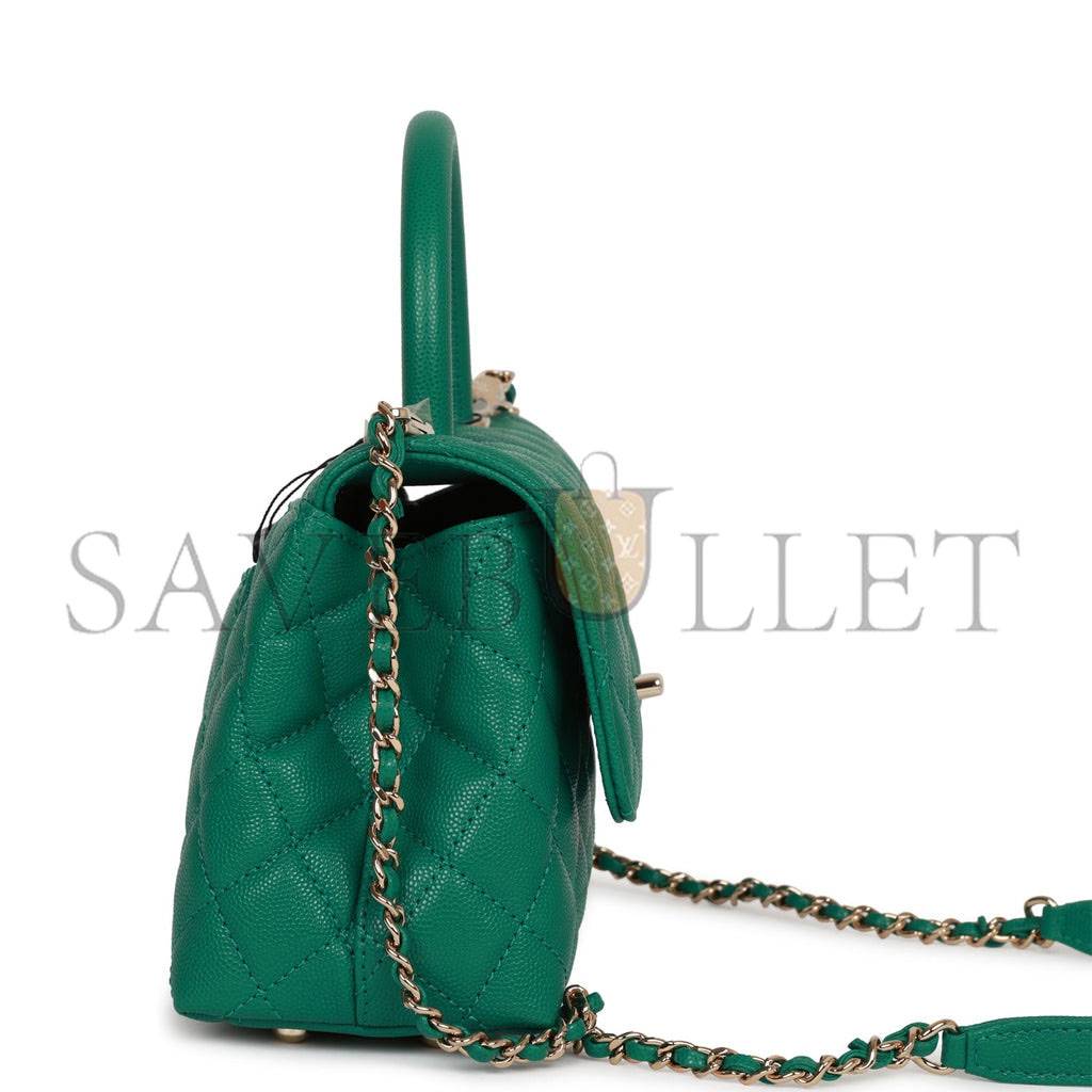 Ch*el small coco handle flap bag green caviar light gold hardware (23*15*10cm)