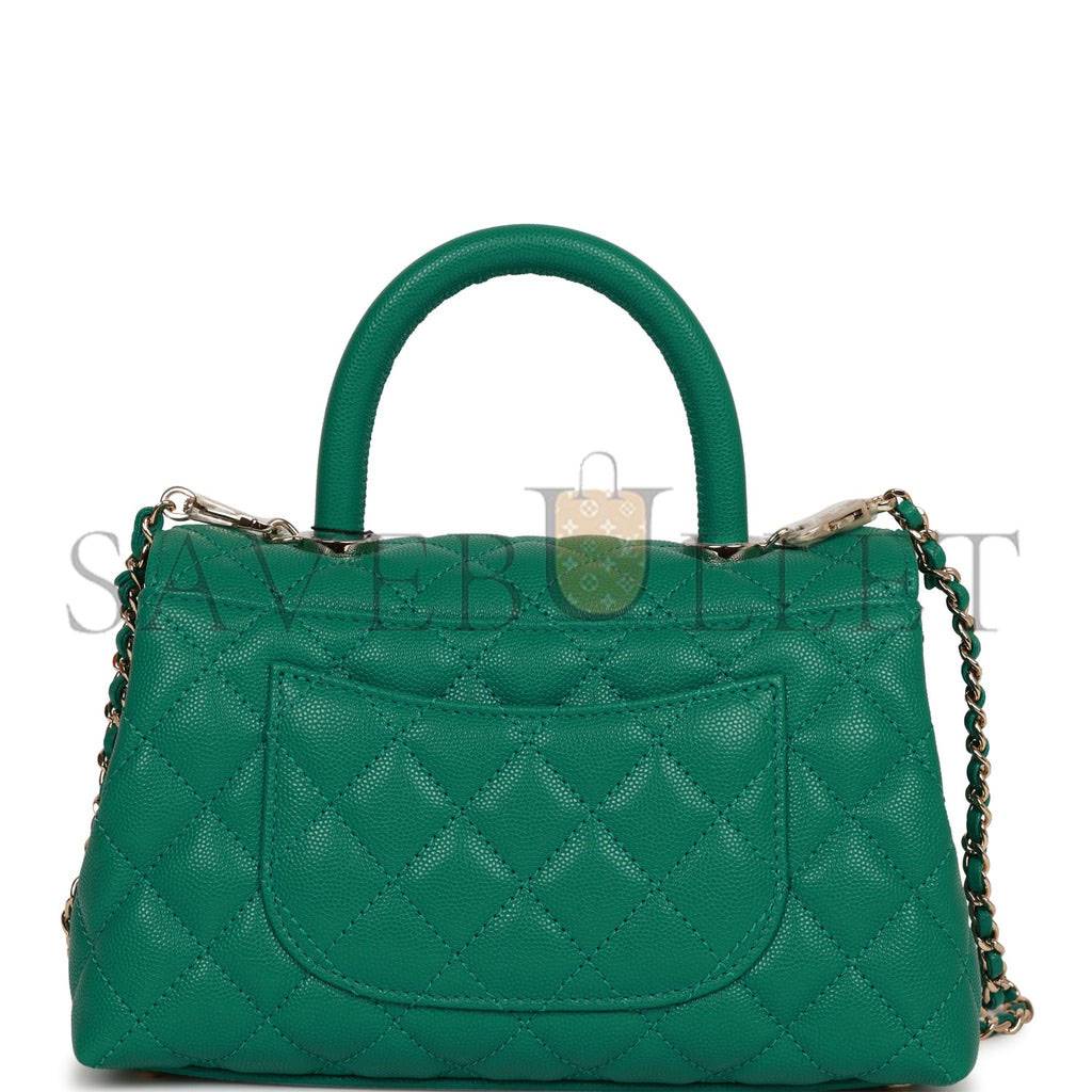 Ch*el small coco handle flap bag green caviar light gold hardware (23*15*10cm)