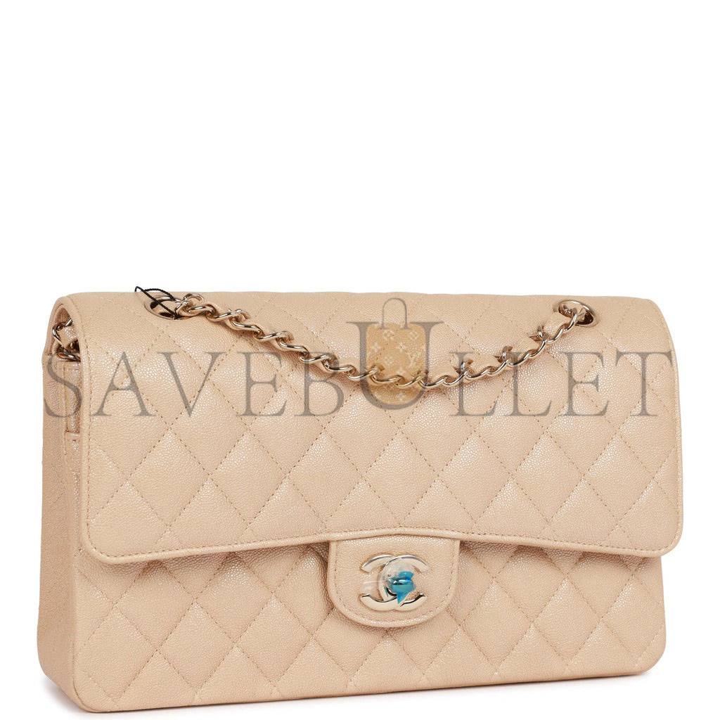 Ch*el medium classic double flap bag beige iridescent caviar light gold hardware (25*15*7cm)