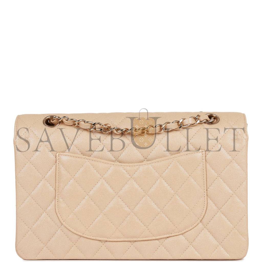 Ch*el medium classic double flap bag beige iridescent caviar light gold hardware (25*15*7cm)
