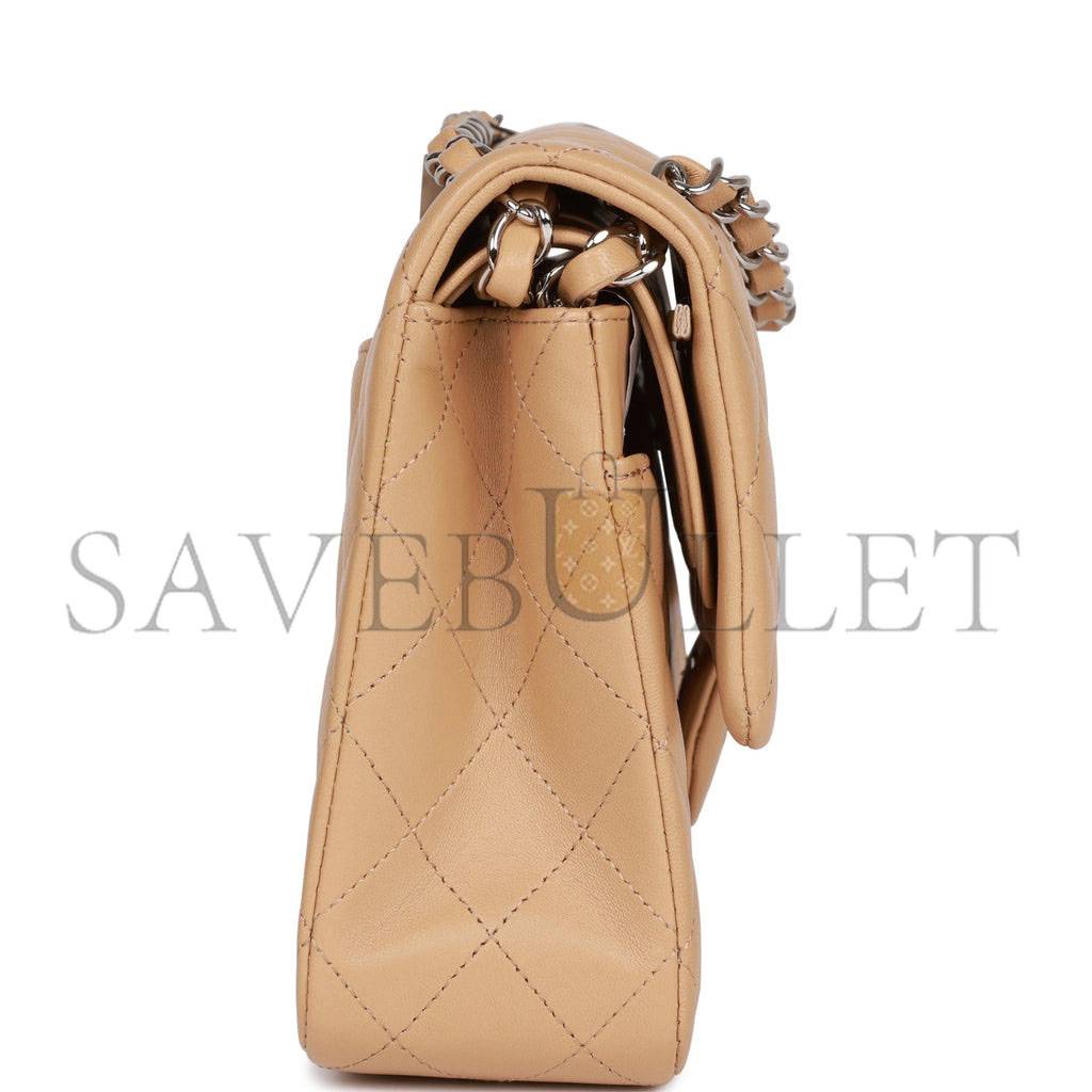 Ch*el medium classic double flap bag beige lambskin silver hardware (25*15*7cm)