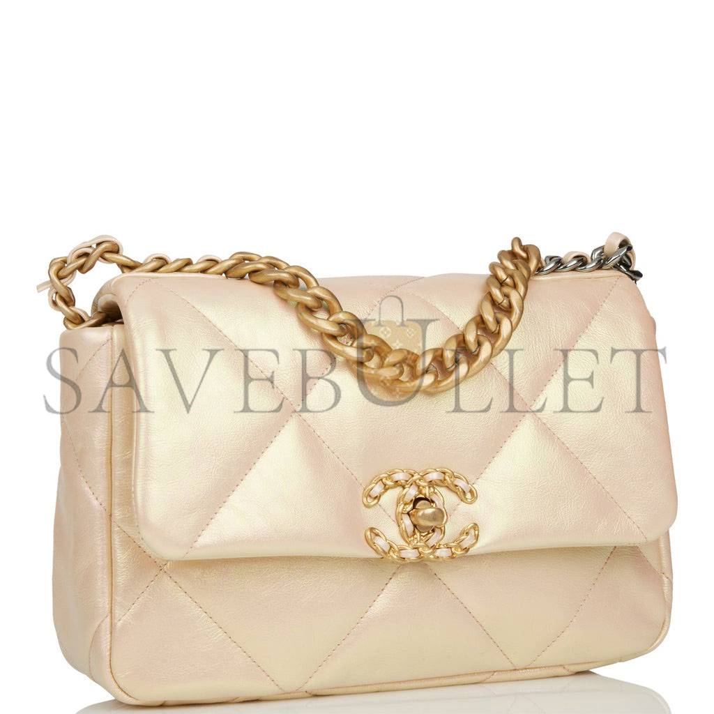 Ch*el medium 19 flap bag rose iridescent calfskin mixed hardware (25*16*9cm)