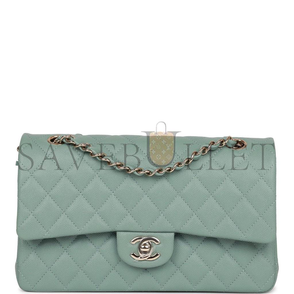 Ch*el medium classic double flap bag green caviar light gold hardware (25*15*7cm)