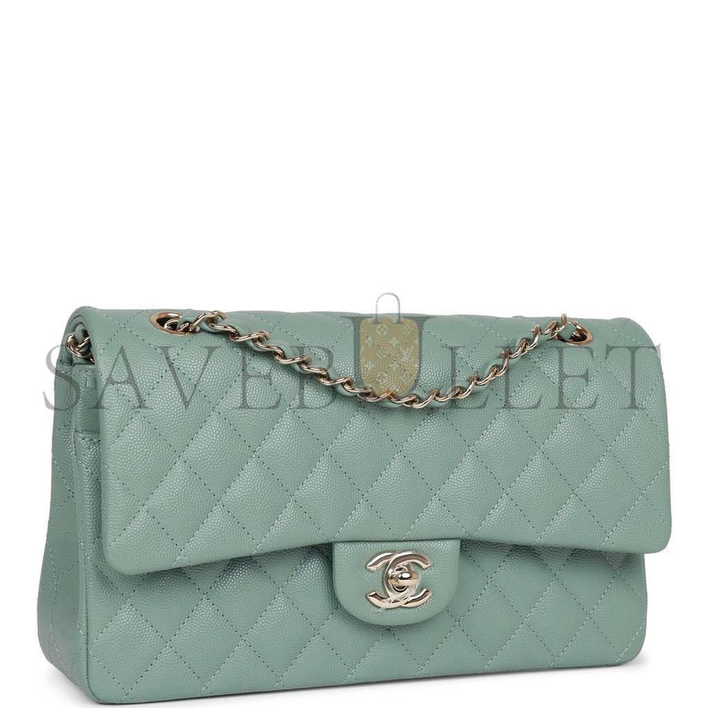 Ch*el medium classic double flap bag green caviar light gold hardware (25*15*7cm)