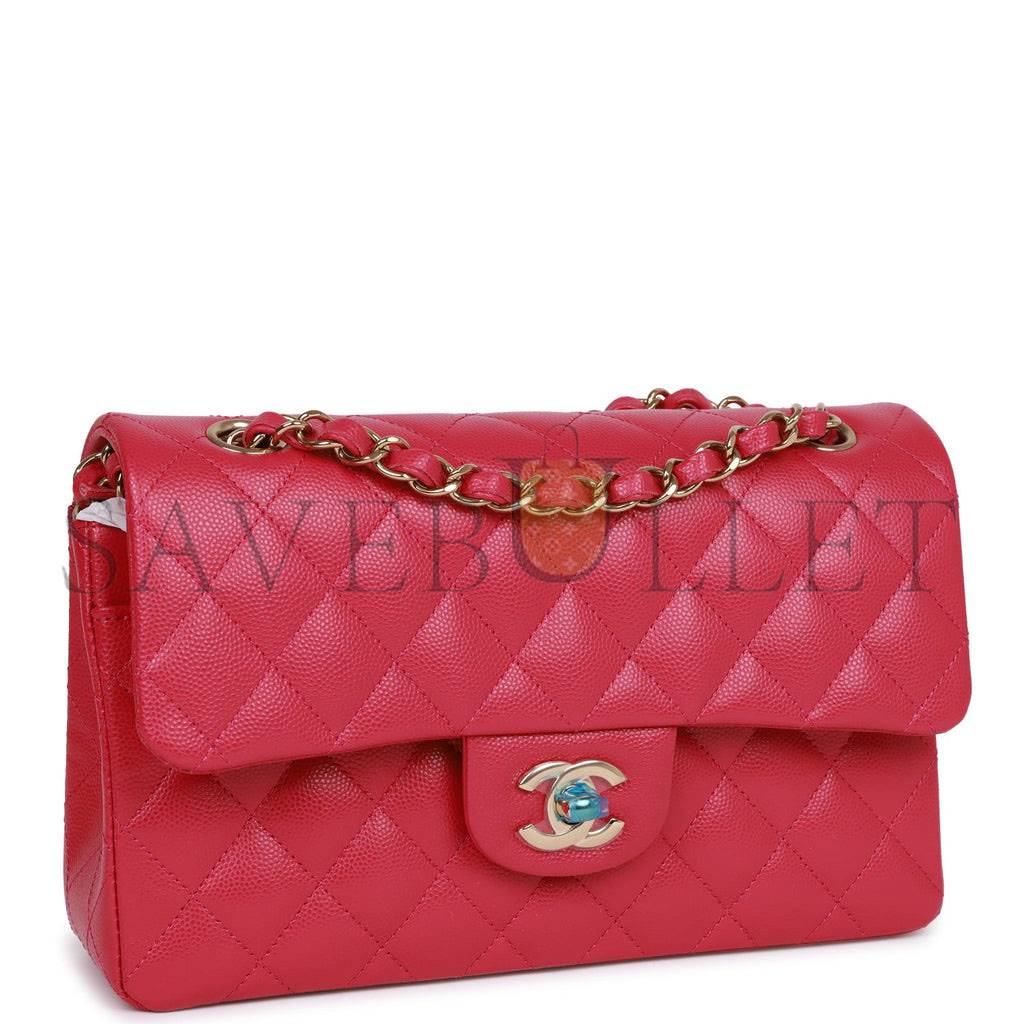 Ch*el small classic double flap fuchsia caviar light gold hardware (23*13*6cm)