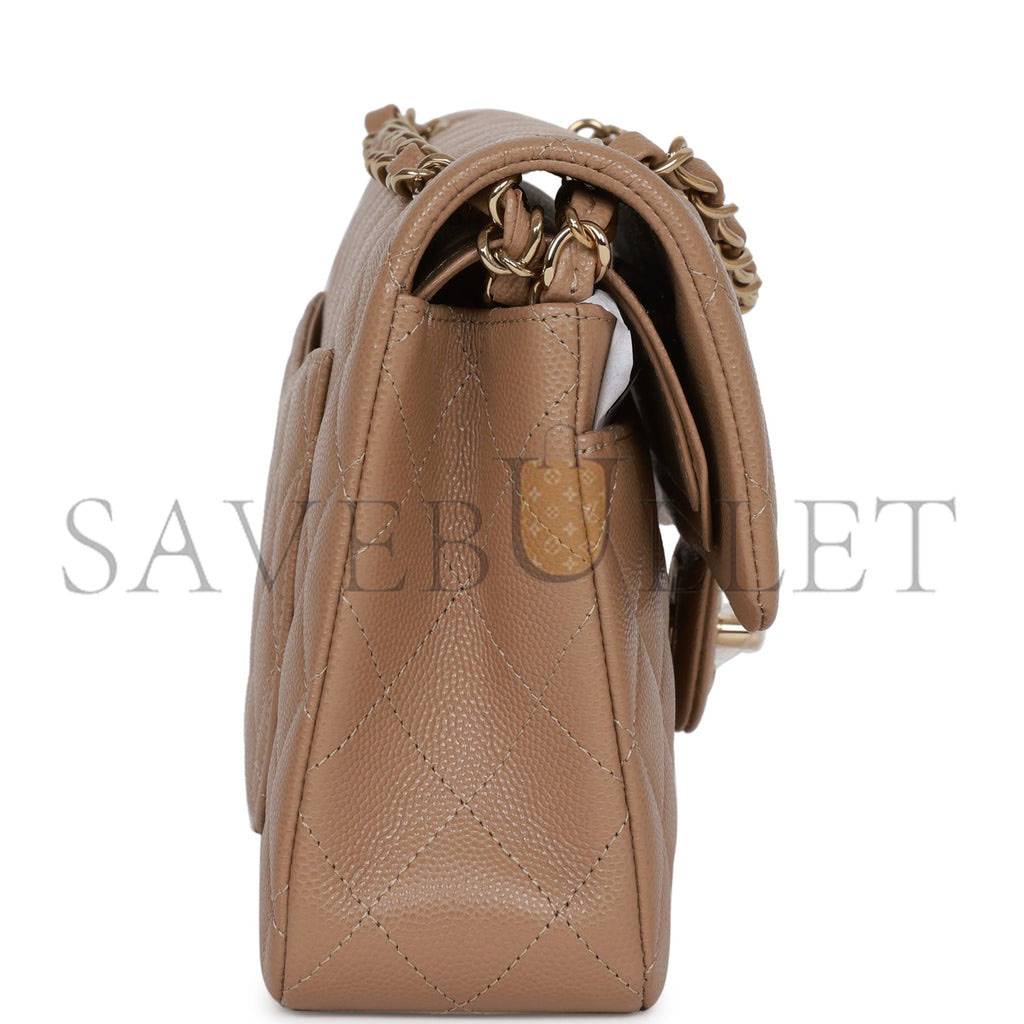 Ch*el small classic double flap dark beige caviar light gold hardware (23*13*6cm)