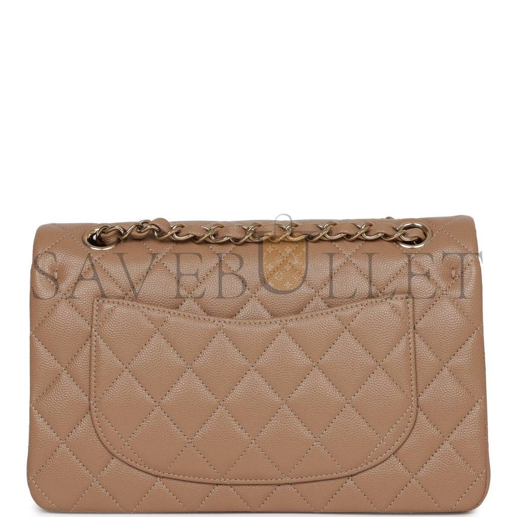 Ch*el small classic double flap dark beige caviar light gold hardware (23*13*6cm)