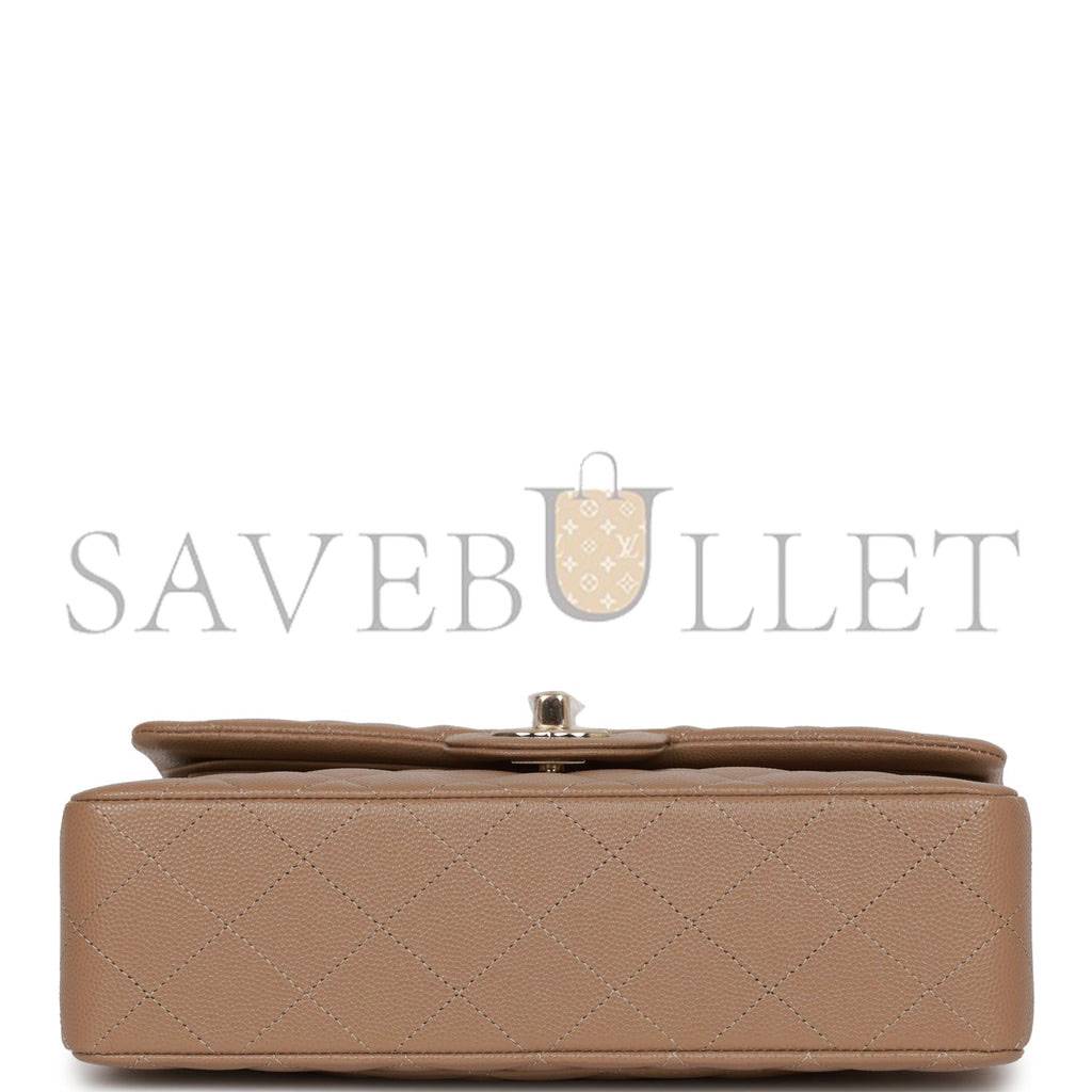 Ch*el small classic double flap dark beige caviar light gold hardware (23*13*6cm)
