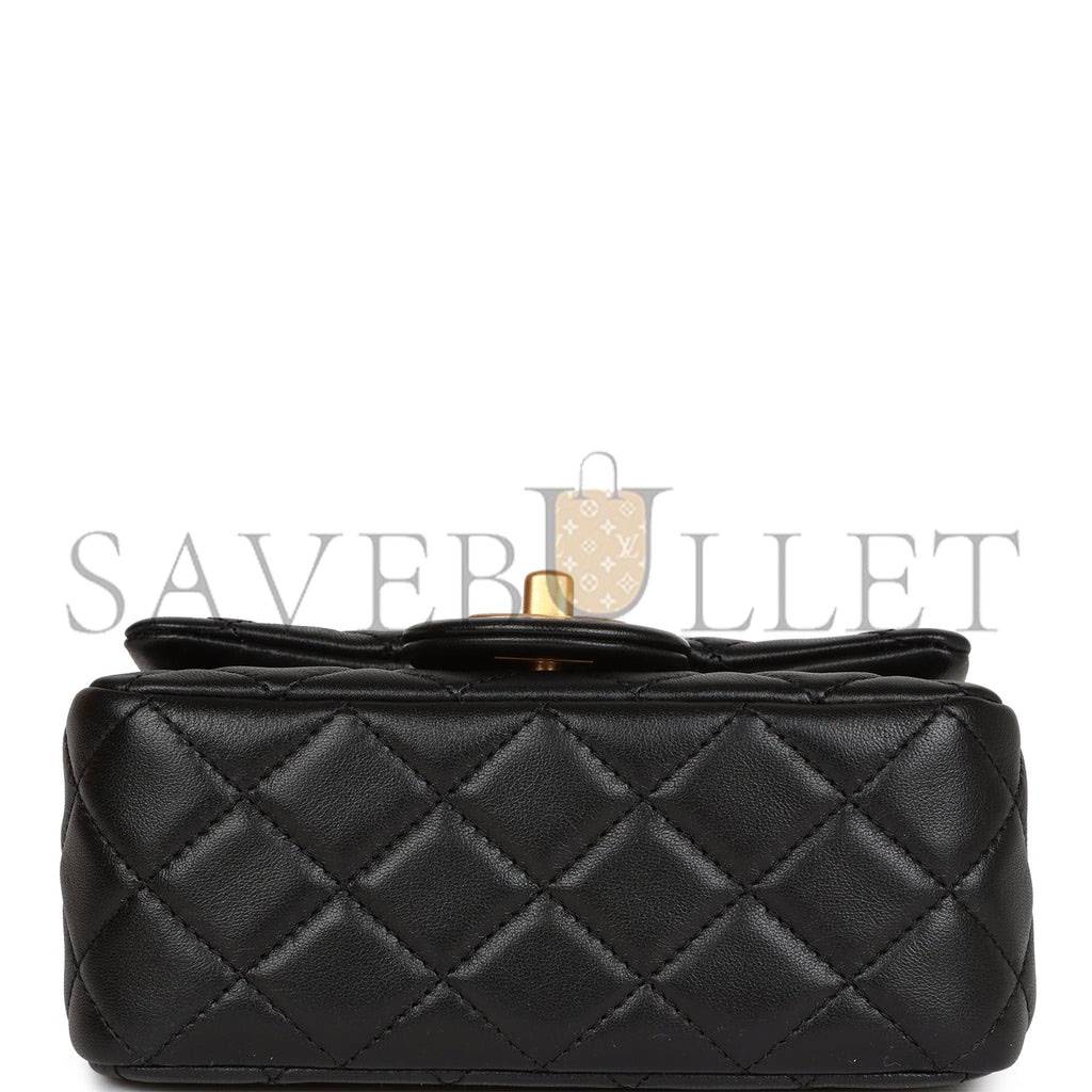Ch*el pearl crush mini square flap bag black lambskin antique gold hardware (17*14*8cm)