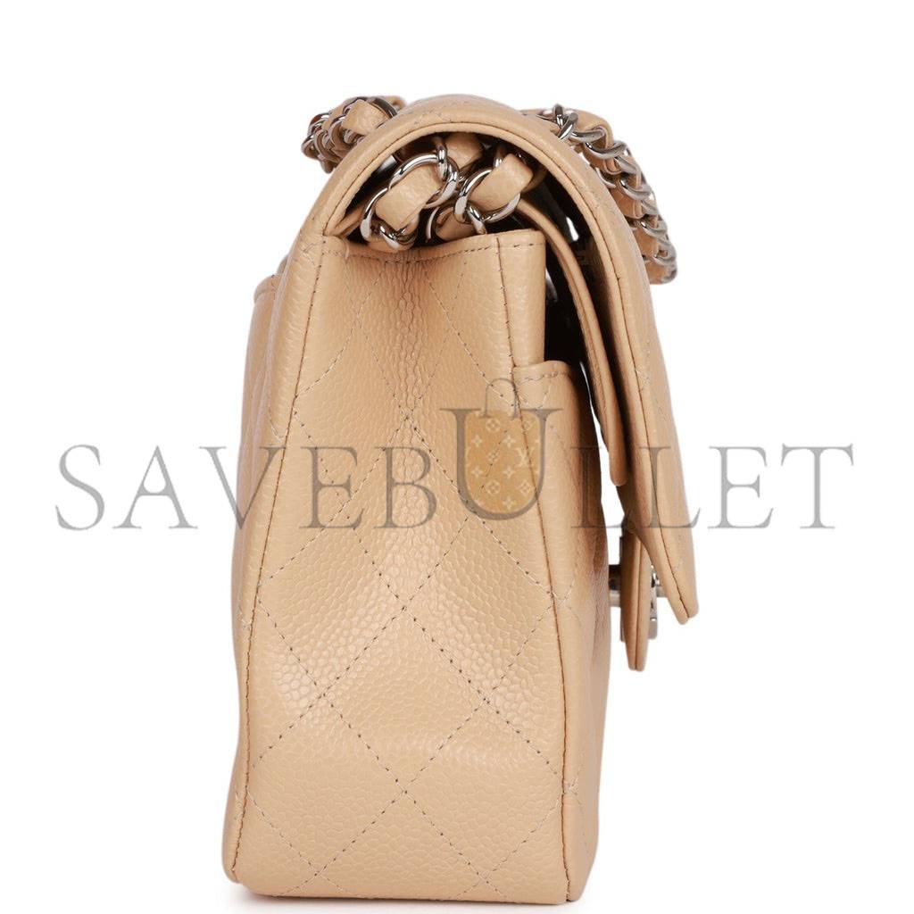 Ch*el medium classic double flap bag beige caviar silver hardware (25*15*7cm)