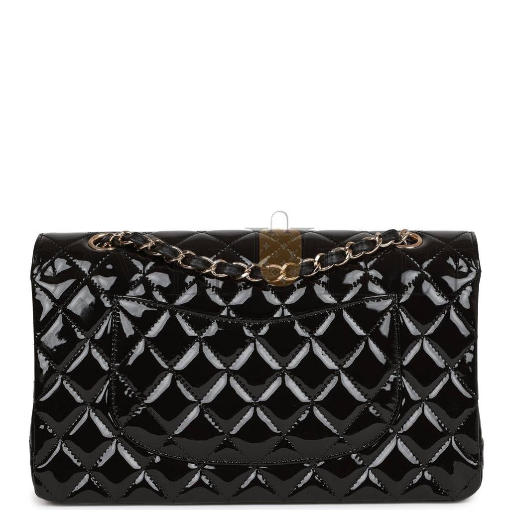 Ch*el medium classic double flap bag black patent light gold hardware (25*15*7cm)