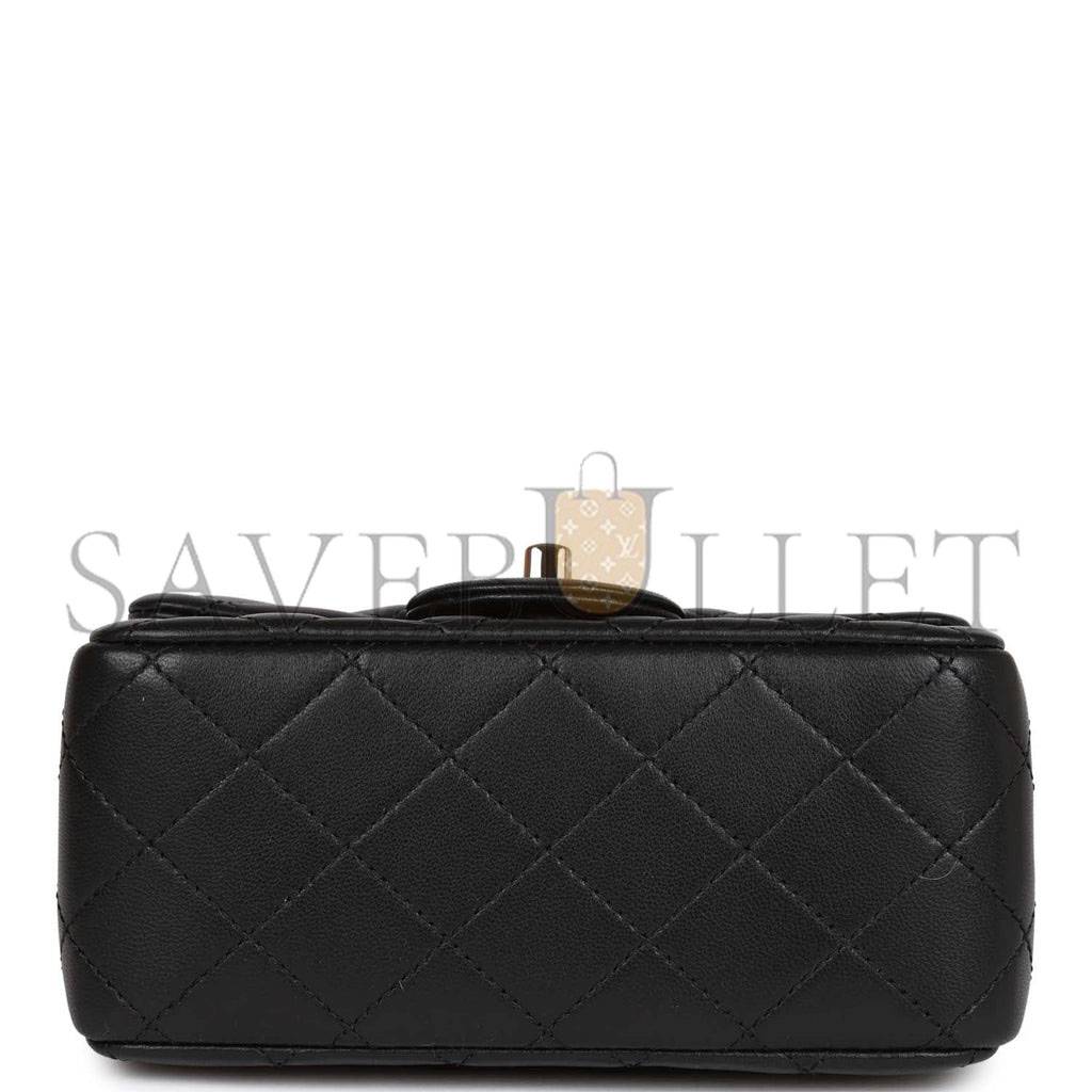 Ch*el pearl crush mini square flap bag black lambskin light gold hardware (17*14*8cm)