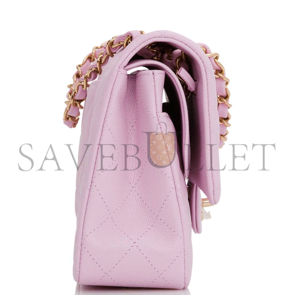 Ch*el medium classic double flap bag rose clair caviar light gold hardware (25*15*7cm)