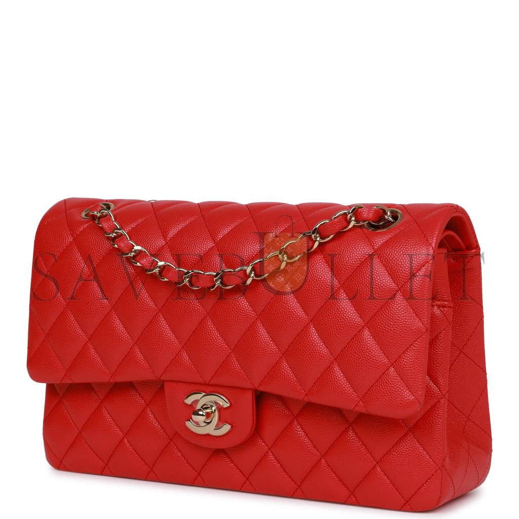 Ch*el medium classic double flap bag red caviar light gold hardware (25.5*15.5*6.5cm)