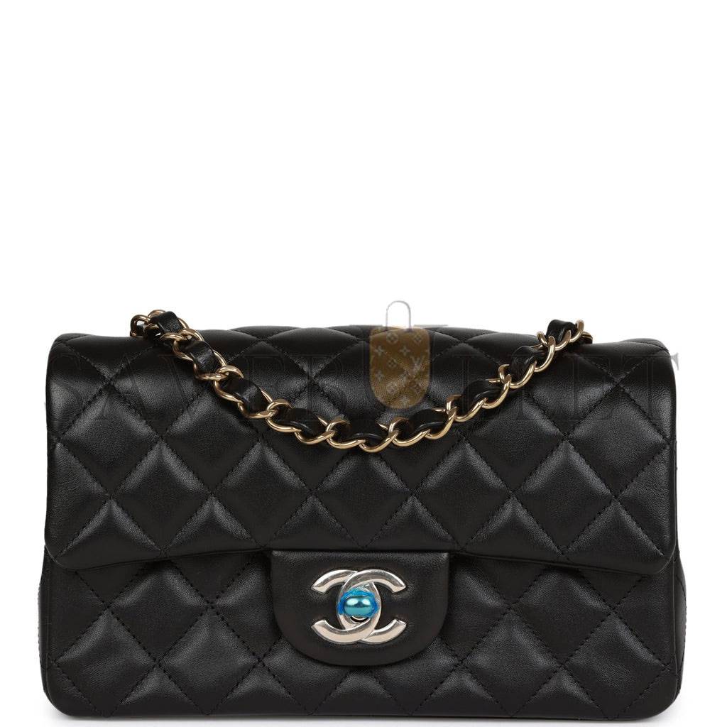 Ch*el mini rectangular flap bag black lambskin light gold hardware (20*13*6cm)