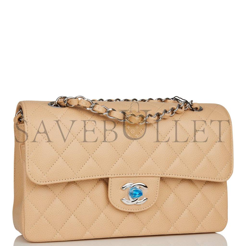 Ch*el small classic double flap bag beige caviar silver hardware (23*13*6cm)