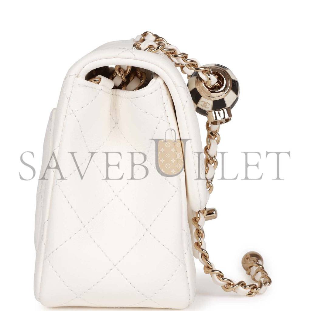 Ch*el pearl crush mini square flap bag white lambskin light gold hardware (17*14*8cm)
