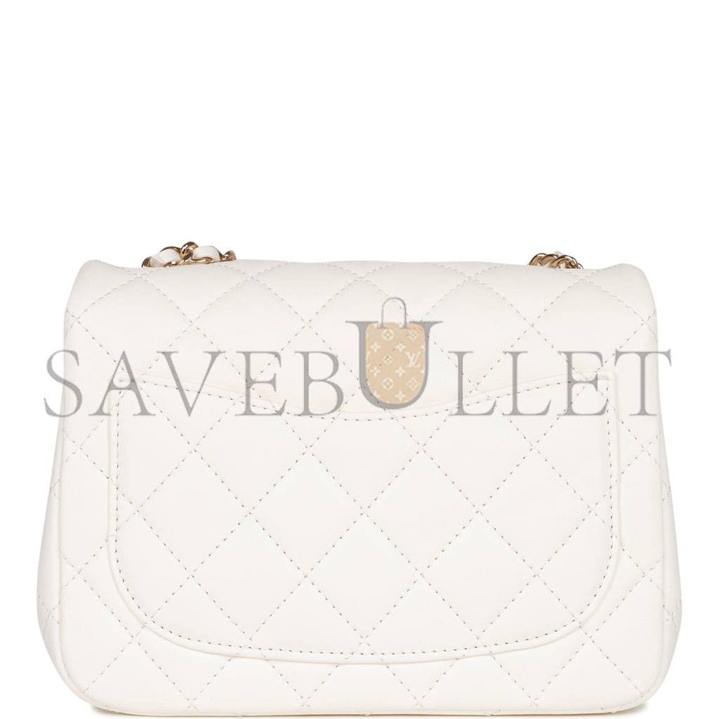 Ch*el pearl crush mini square flap bag white lambskin light gold hardware (17*14*8cm)
