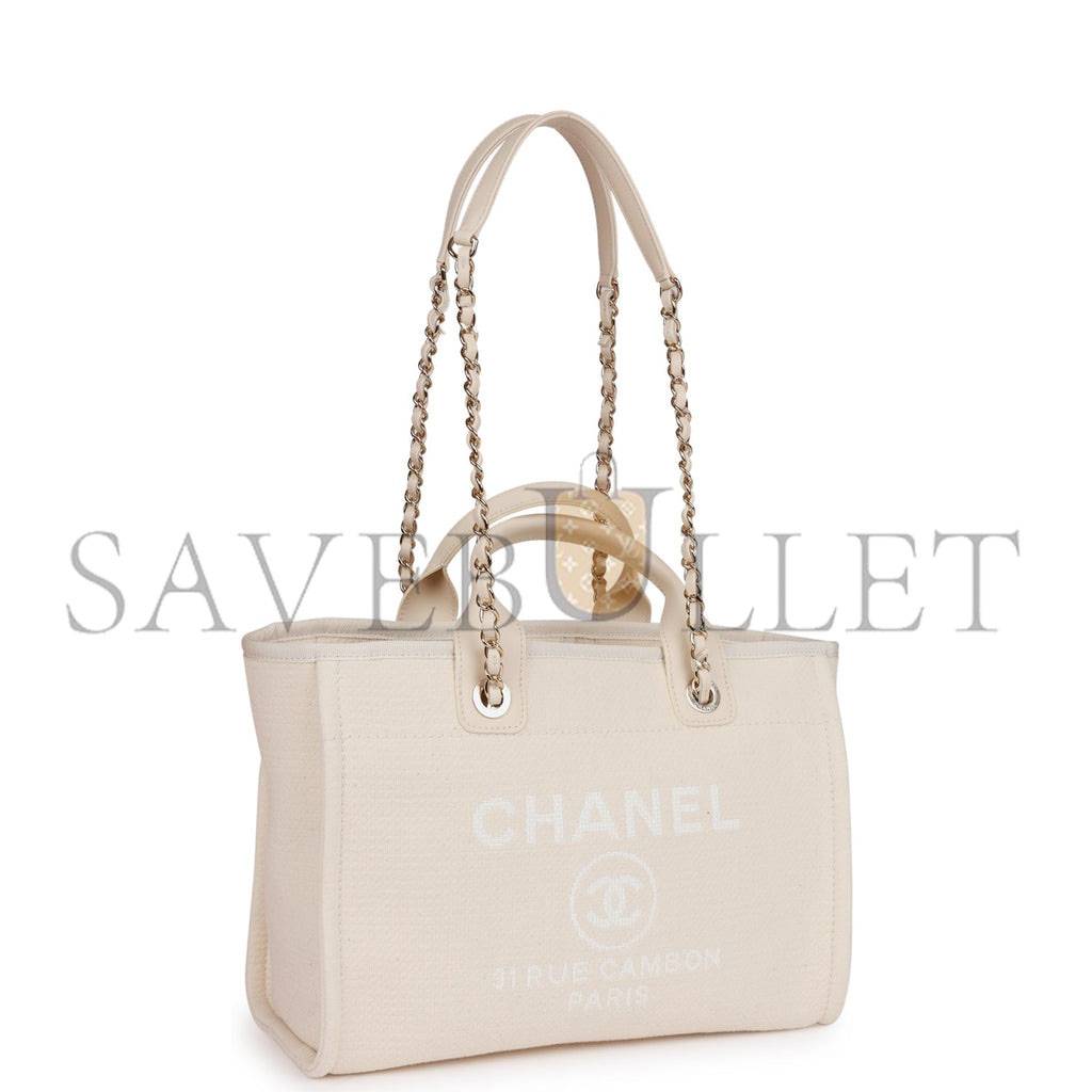 Ch*el small deauville shopping bag white boucle light gold hardware (34*27*15cm)