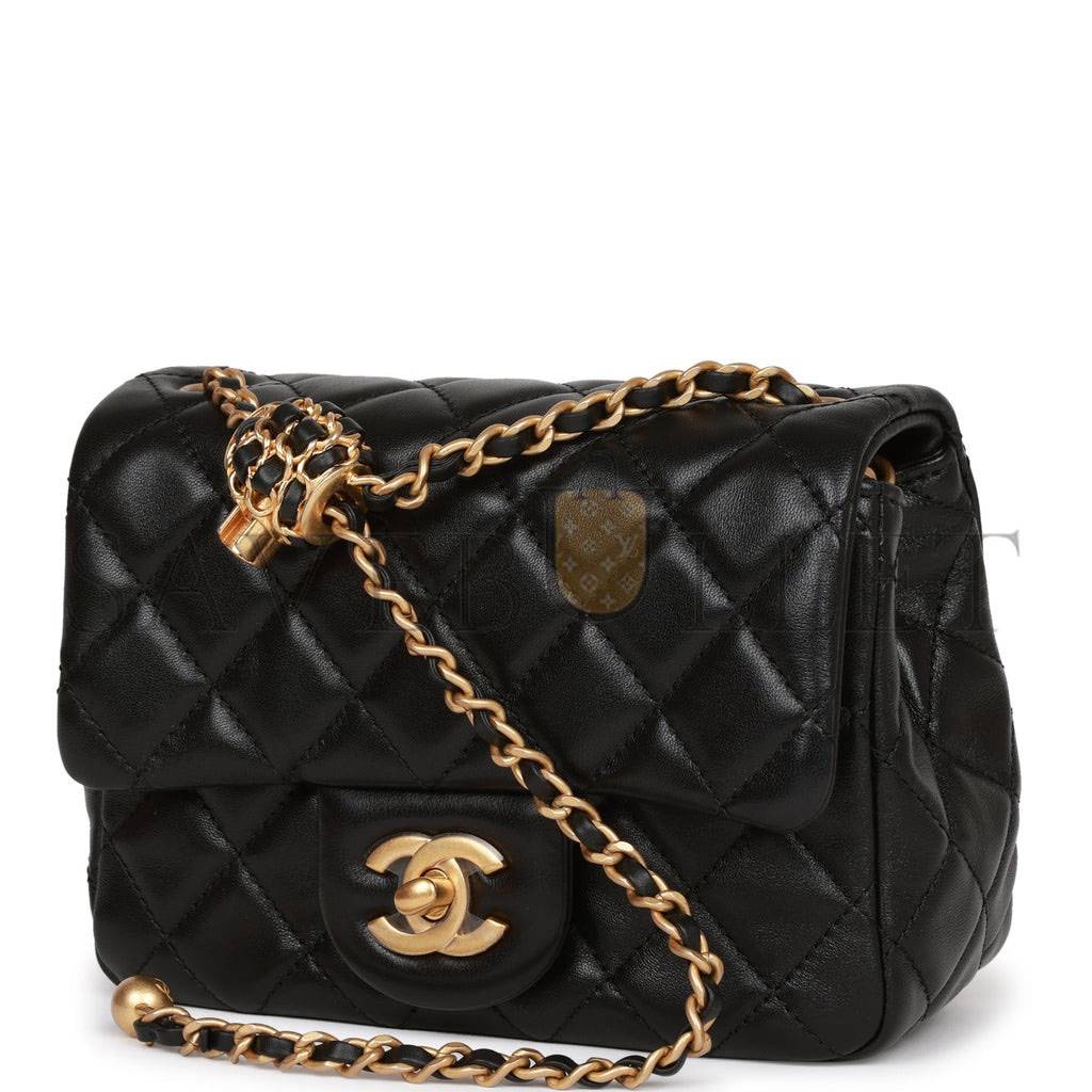 Ch*el pearl crush mini square flap bag black lambskin antique gold hardware (17*14*8cm)