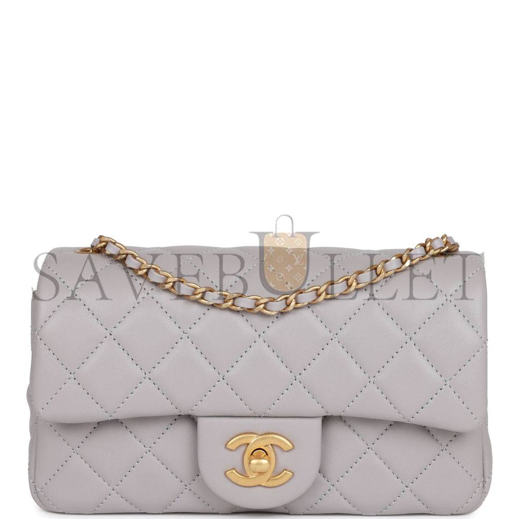 Ch*el pearl crush mini rectangular flap bag light grey lambskin antique gold hardware (20*13*6cm)