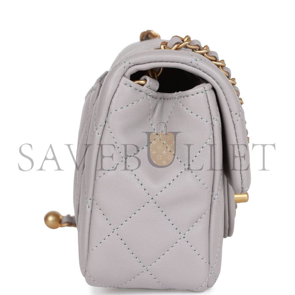Ch*el pearl crush mini rectangular flap bag light grey lambskin antique gold hardware (20*13*6cm)