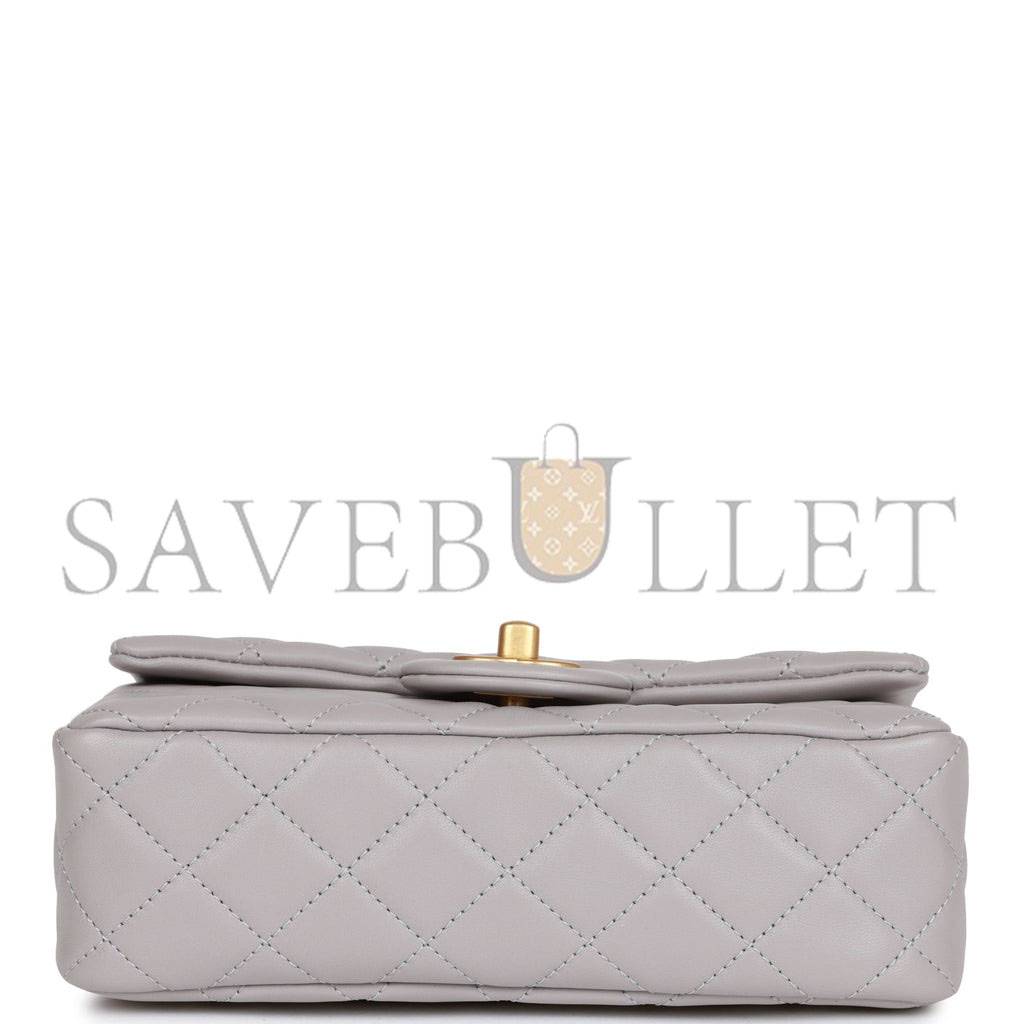 Ch*el pearl crush mini rectangular flap bag light grey lambskin antique gold hardware (20*13*6cm)