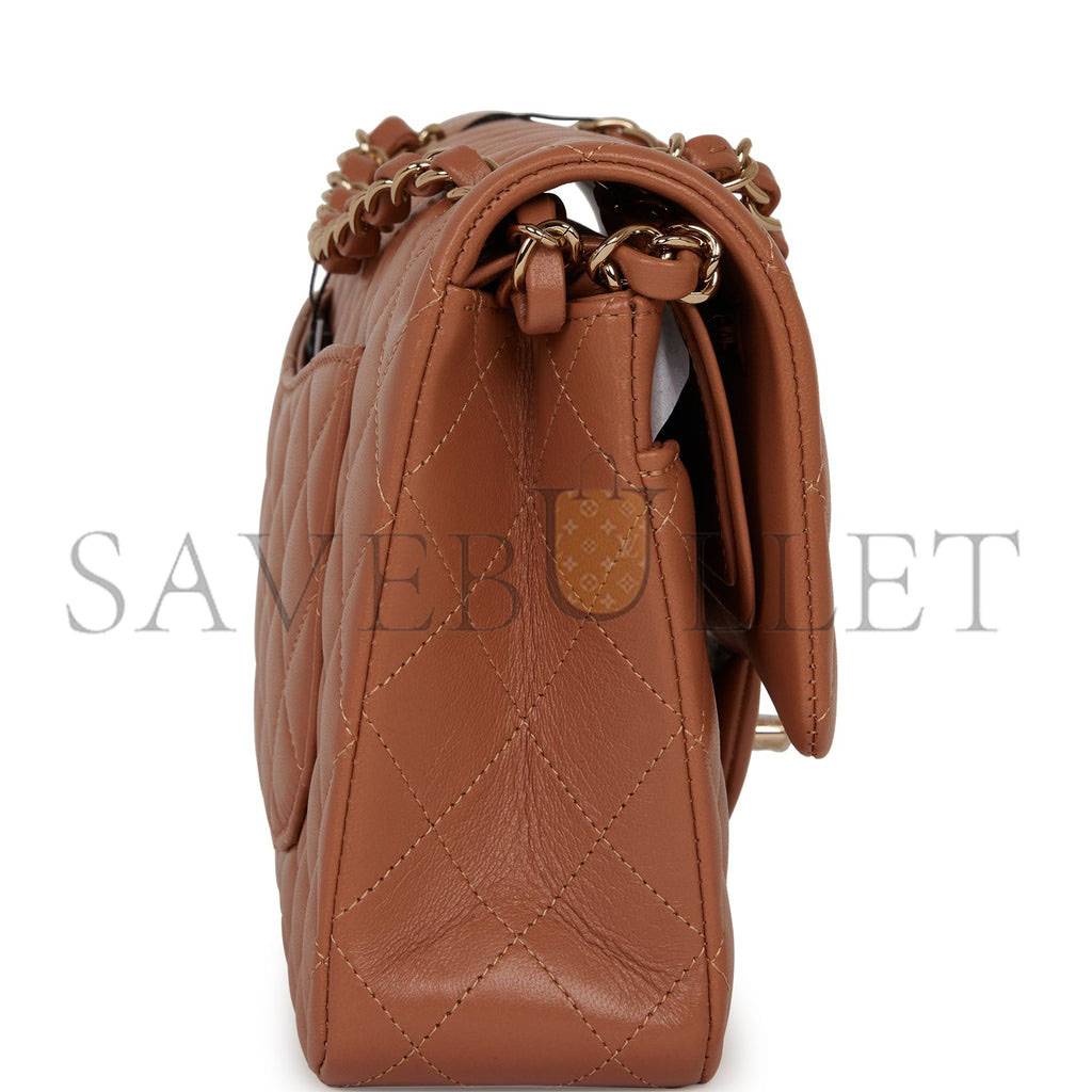 Ch*el medium classic double flap bag caramel lambskin light gold hardware (25*15*7cm)