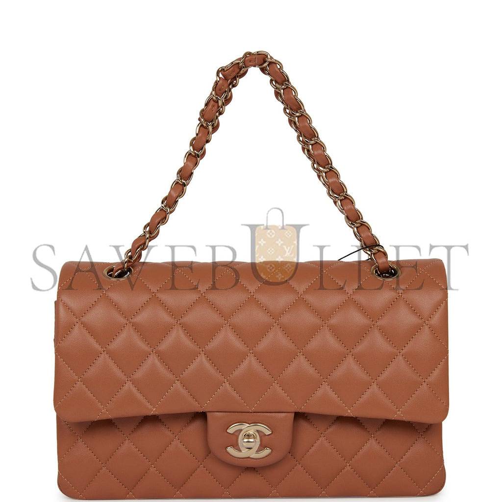 Ch*el medium classic double flap bag caramel lambskin light gold hardware (25*15*7cm)