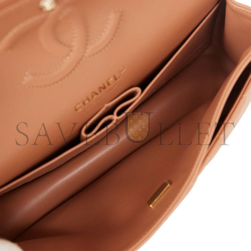 Ch*el medium classic double flap bag caramel lambskin light gold hardware (25*15*7cm)