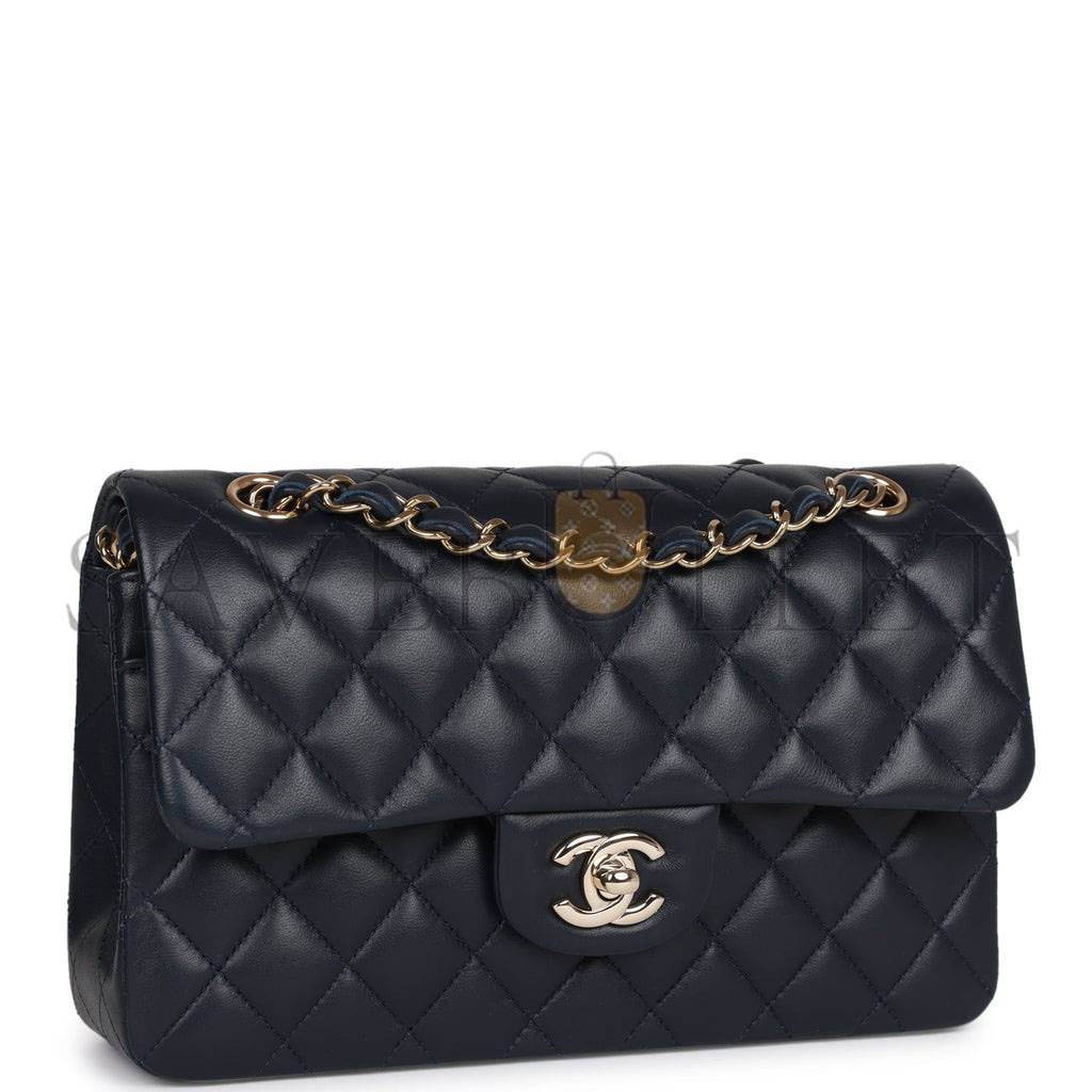 Ch*el small classic double flap navy lambskin light gold hardware (23*13*6cm)