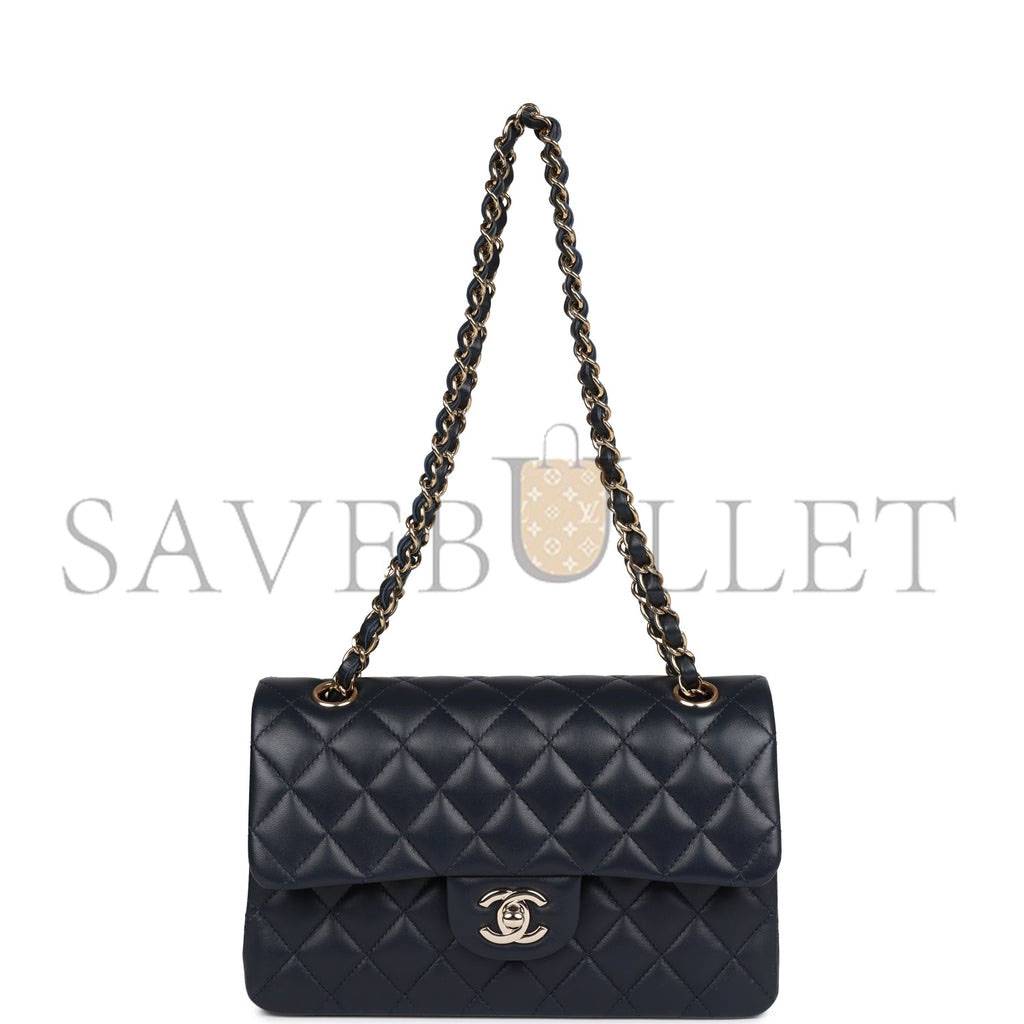 Ch*el small classic double flap navy lambskin light gold hardware (23*13*6cm)
