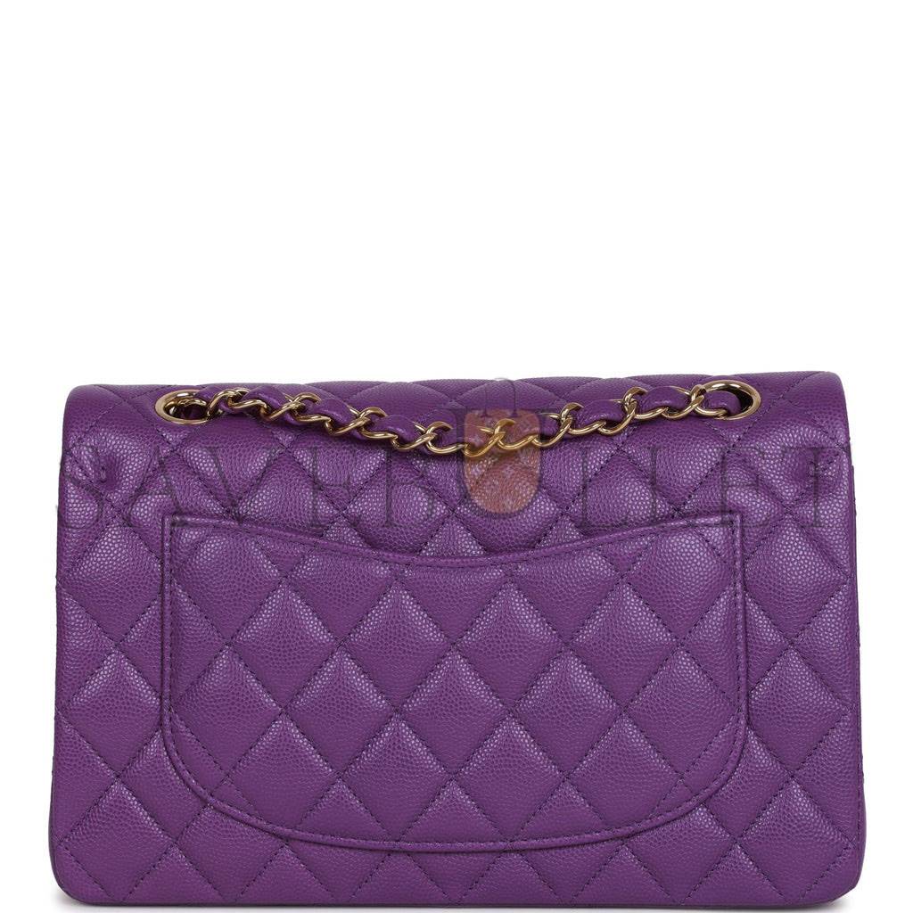 Ch*el small classic double flap purple caviar light gold hardware (23*13*6cm)