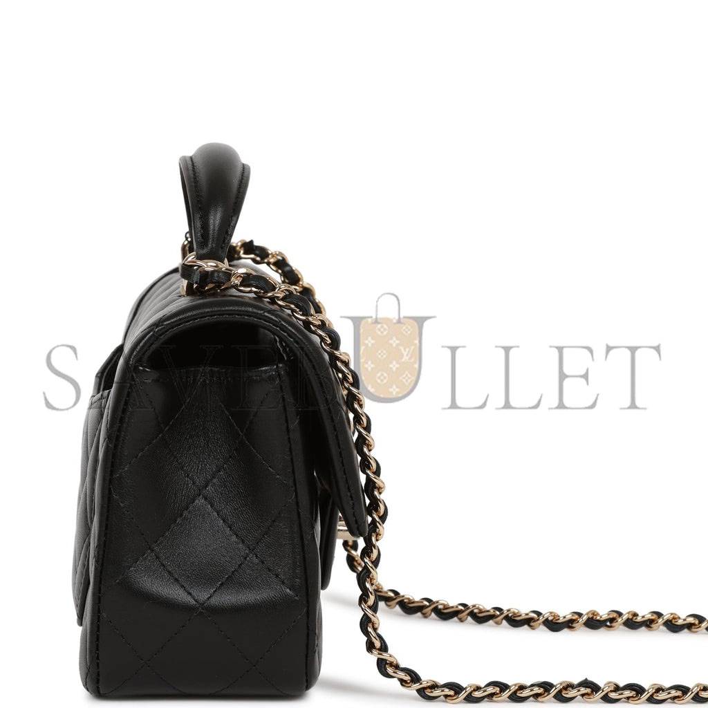 Ch*el mini rectangular flap bag with top handle black lambskin light gold hardware (22*15*8cm)