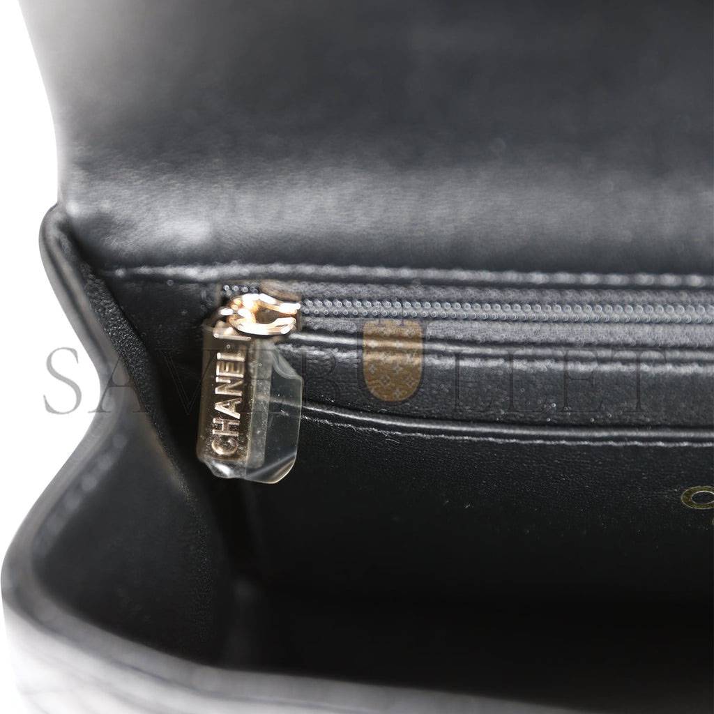 Ch*el mini rectangular flap bag with top handle black lambskin light gold hardware (22*15*8cm)
