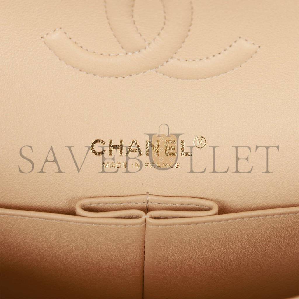 Ch*el medium classic double flap bag beige lambskin light gold hardware (25*15*7cm)
