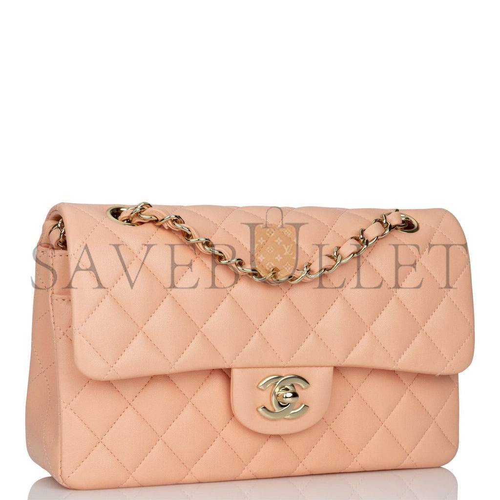 Ch*el small classic double flap peach lambskin light gold hardware (23*13*6cm)