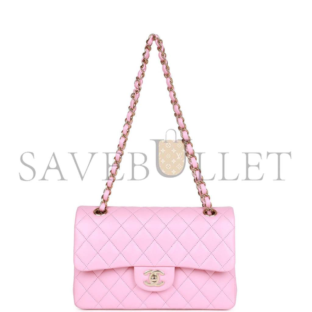 Ch*el small classic double flap pink lambskin light gold hardware (23*13*6cm)