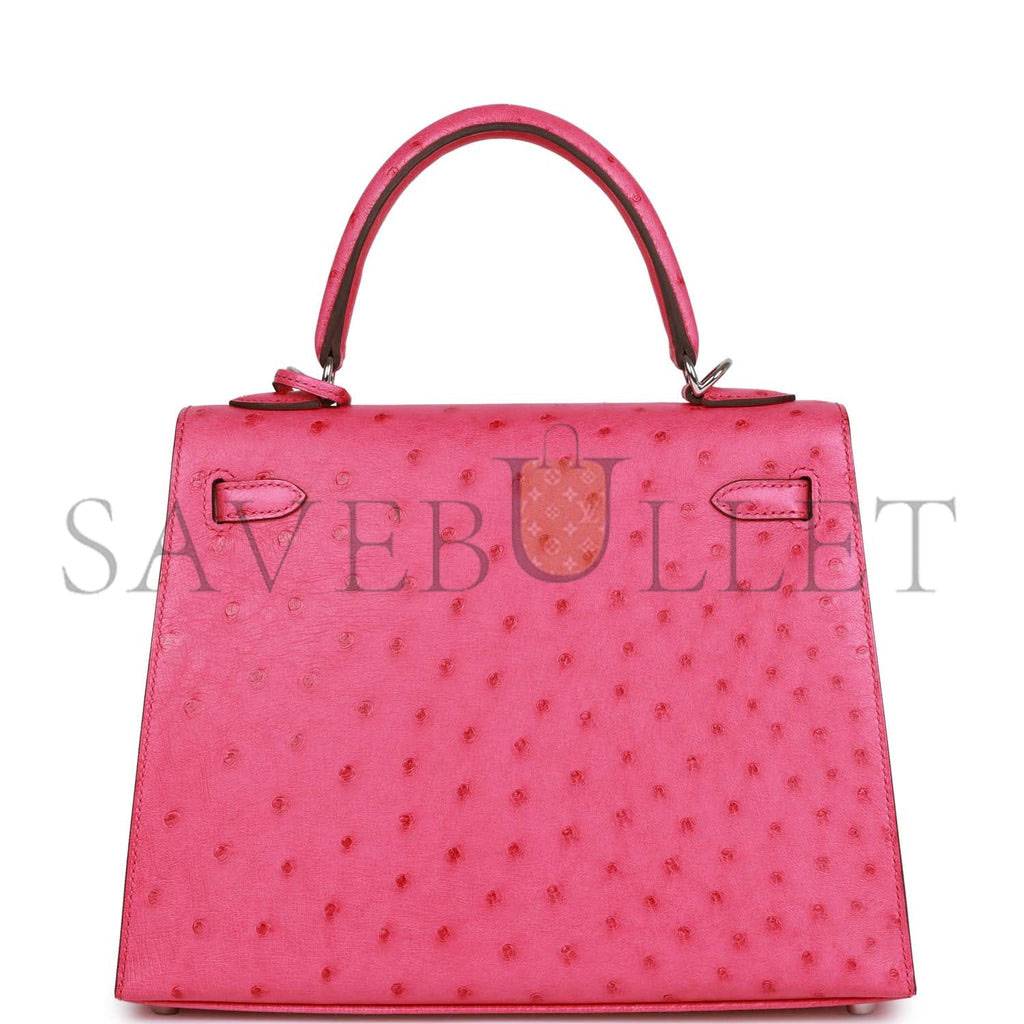 H**mes special order (hss) kelly sellier 25 rose tyrien verso ostrich palladium hardware handmade (25*17*7cm)