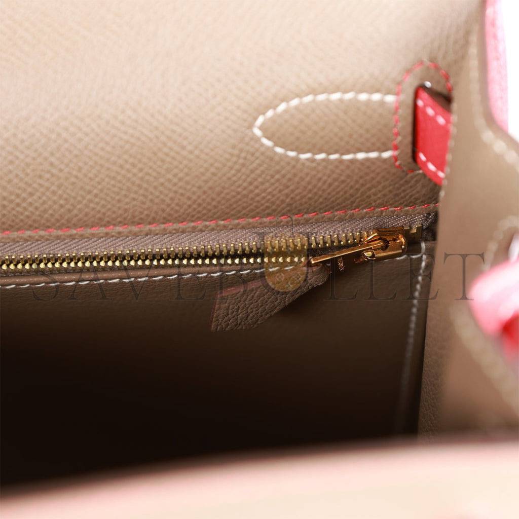 H**mes special order (hss) kelly sellier 28 etoupe and rouge tomate epsom brushed gold hardware (28*22*10cm)