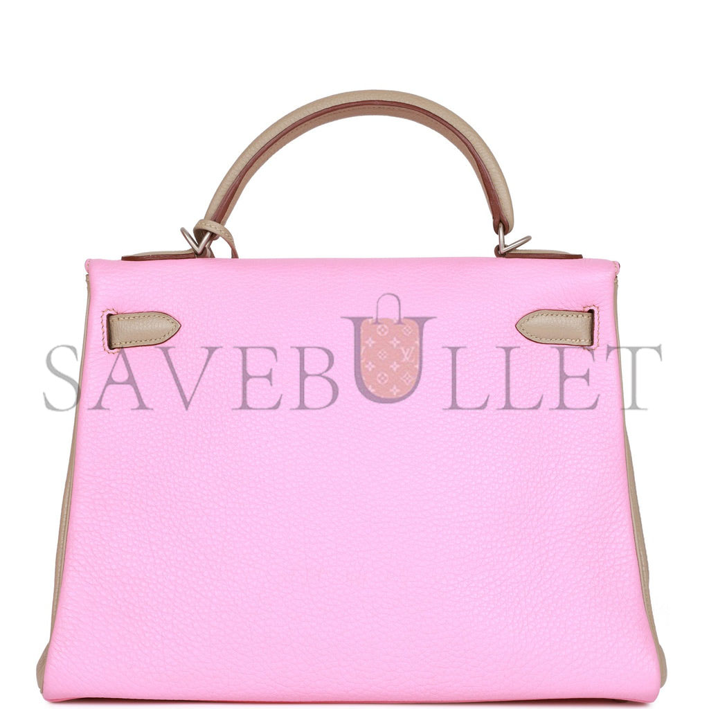 H**mes special order (hss) kelly retourne 32 bubblegum and gris tourterelle clemence brushed palladium hardware (32*23*10.5cm)