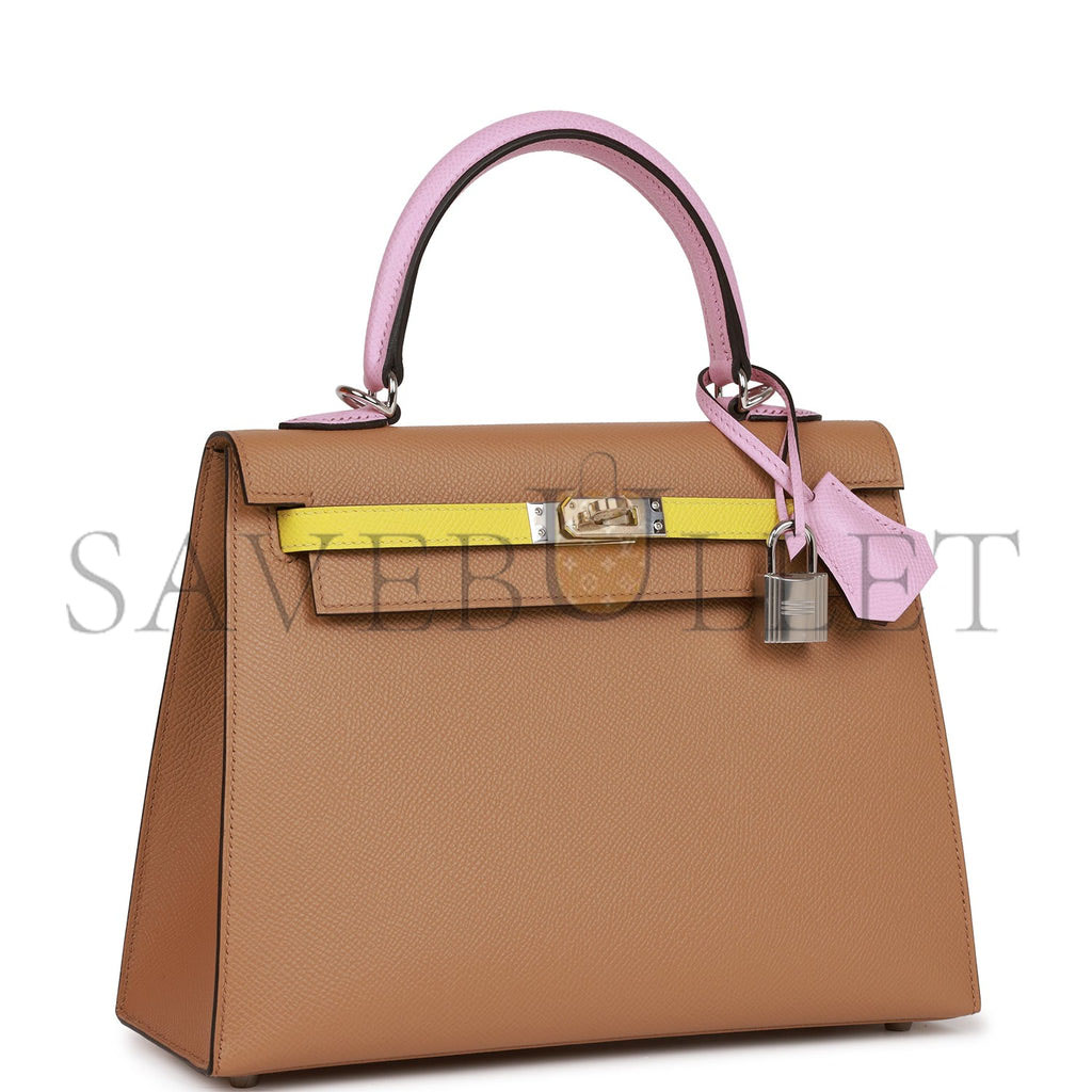 H**mes kelly sellier 25 tri-color chai, lime and mauve sylvestre epsom palladium hardware(25*17*7cm)