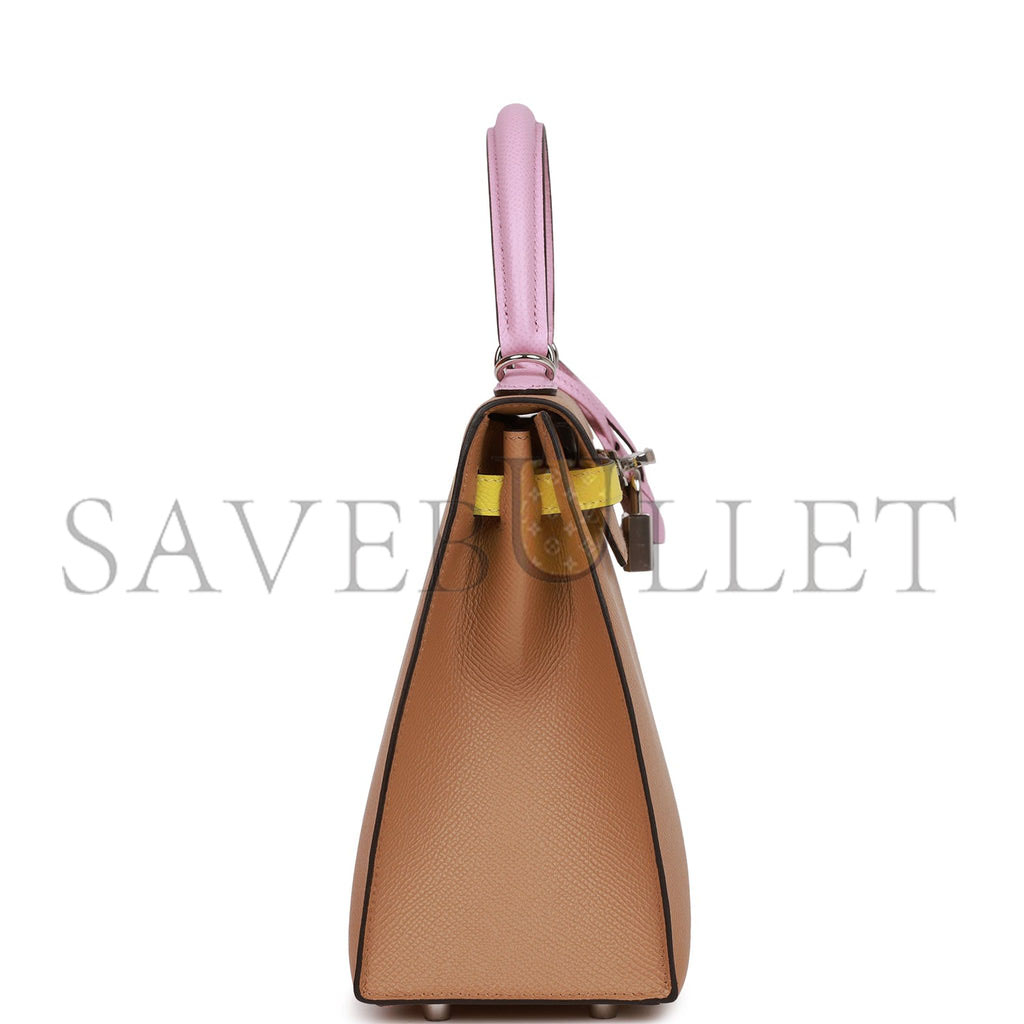 H**mes kelly sellier 25 tri-color chai, lime and mauve sylvestre epsom palladium hardware(25*17*7cm)