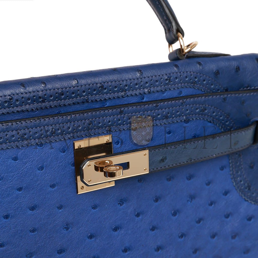 H**mes ghillies kelly retourne 32 bleu saphir, bleu iris and bleu de malte ostrich permabrass hardware (32cm)