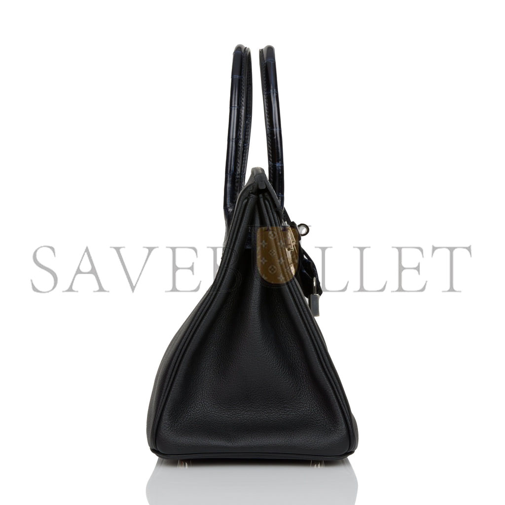 H**mes birkin 25 bleu marine shiny niloticus crocodile pattern and black novillo touch palladium hardware (25cm)